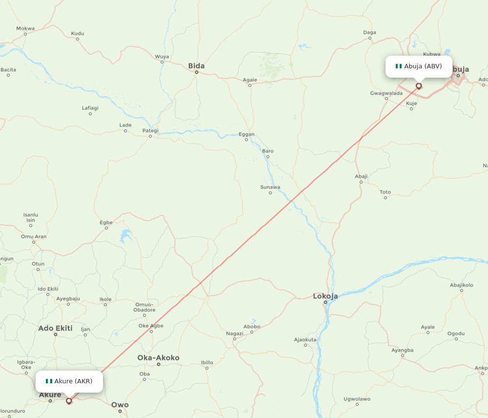 Abuja - Akure route map and flight paths