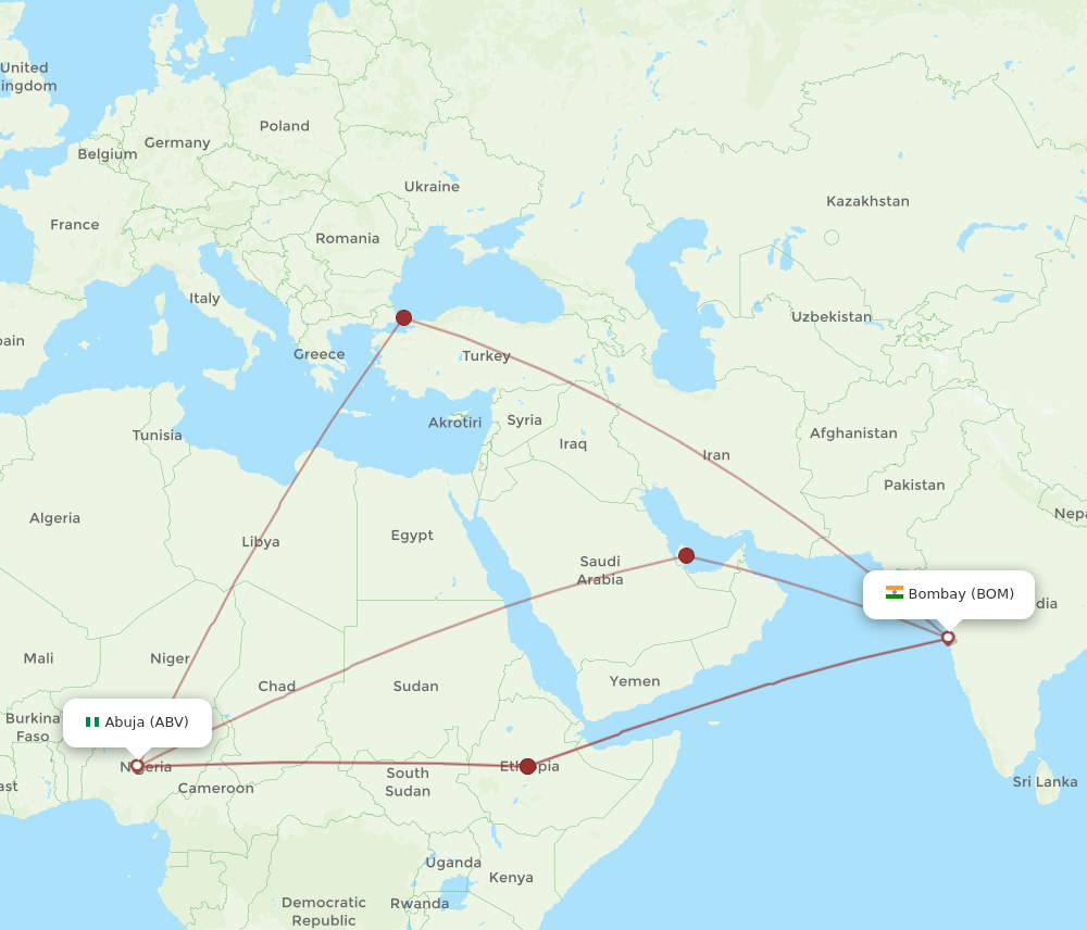 ABV to BOM flights and routes map