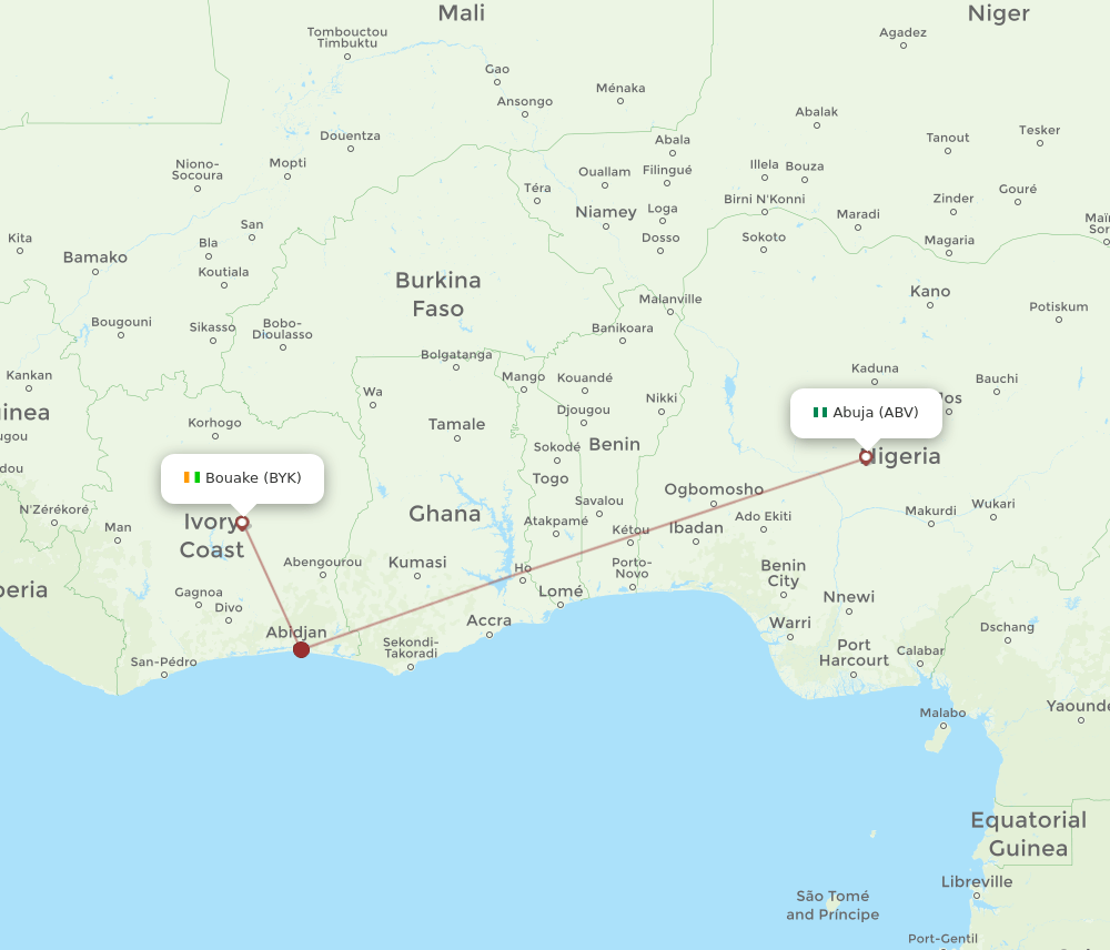 Abuja - Bouake route map and flight paths
