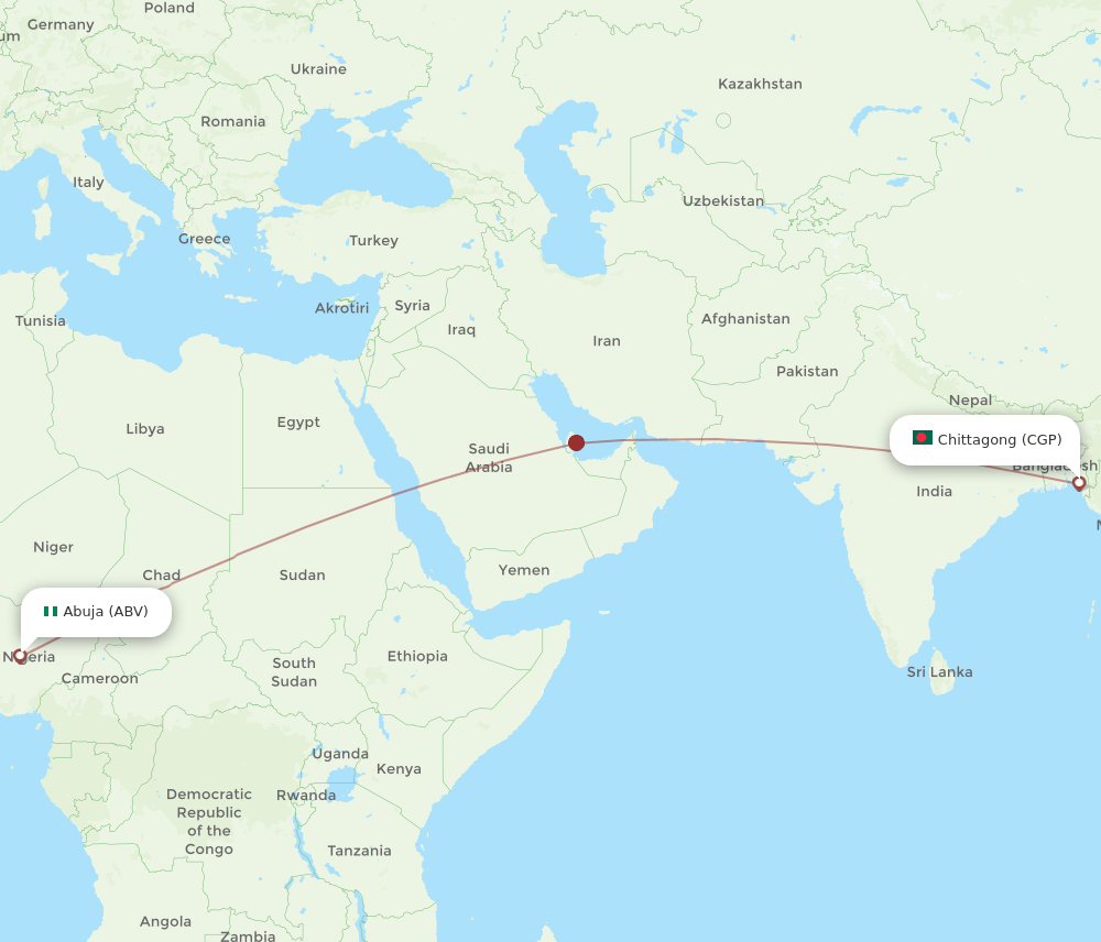 Chittagong - Abuja route map and flight paths
