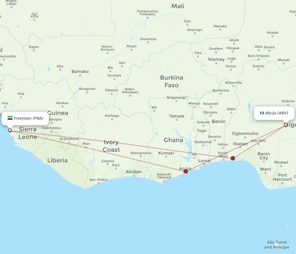 ABV to FNA flights and routes map