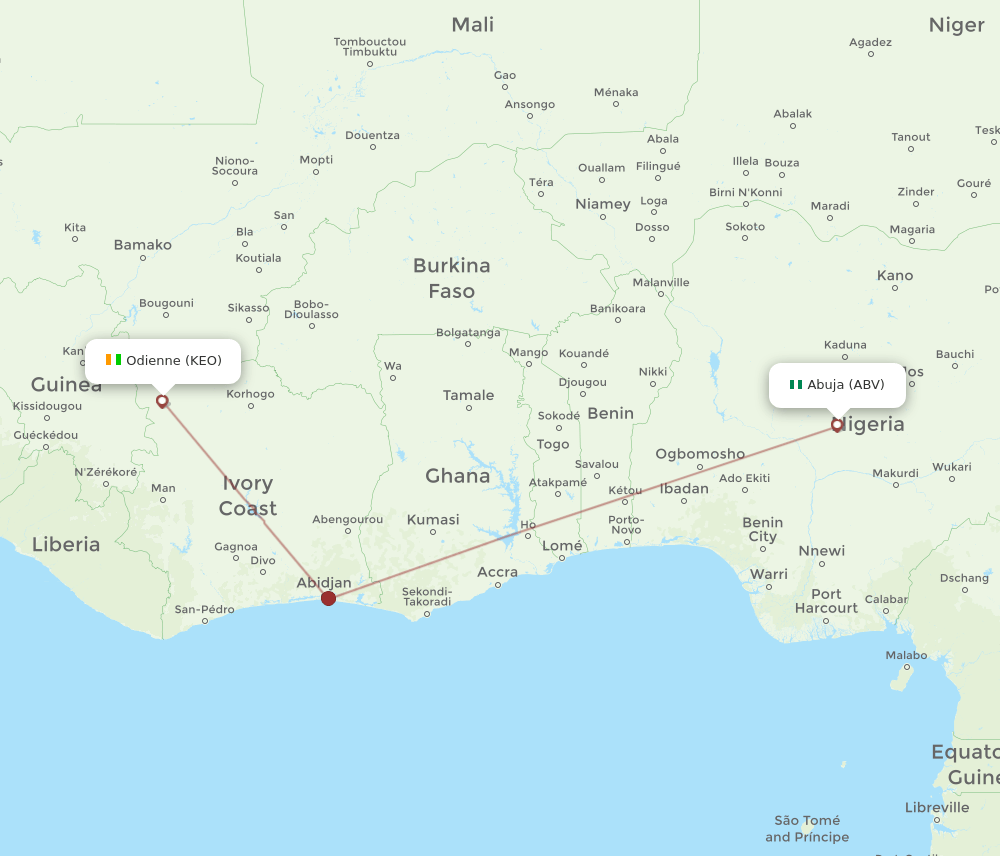 Odienne - Abuja route map and flight paths