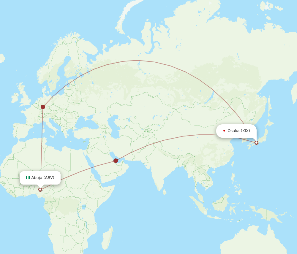Osaka - Abuja route map and flight paths