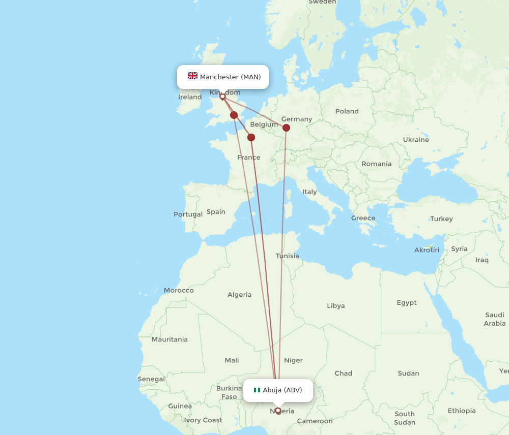 ABV to MAN flights and routes map