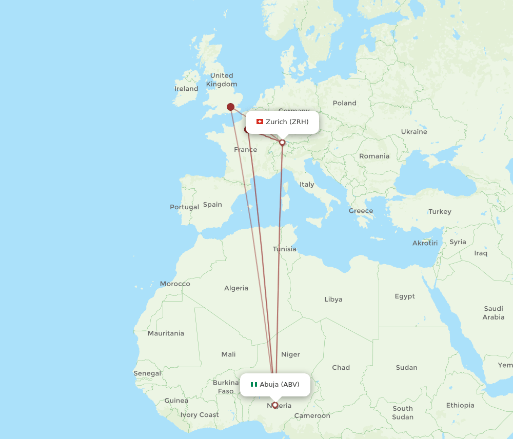 Zurich - Abuja route map and flight paths