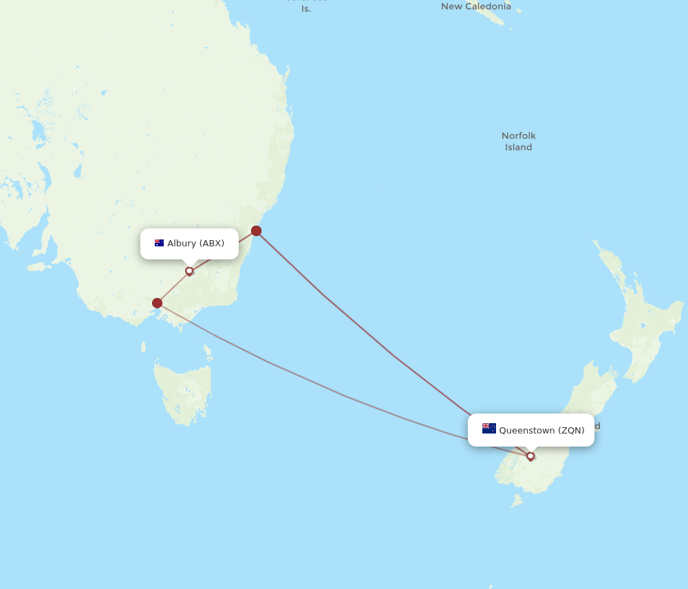 Queenstown - Albury route map and flight paths