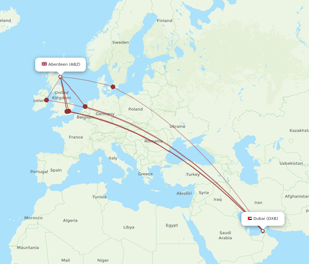 ABZ to DXB flights and routes map