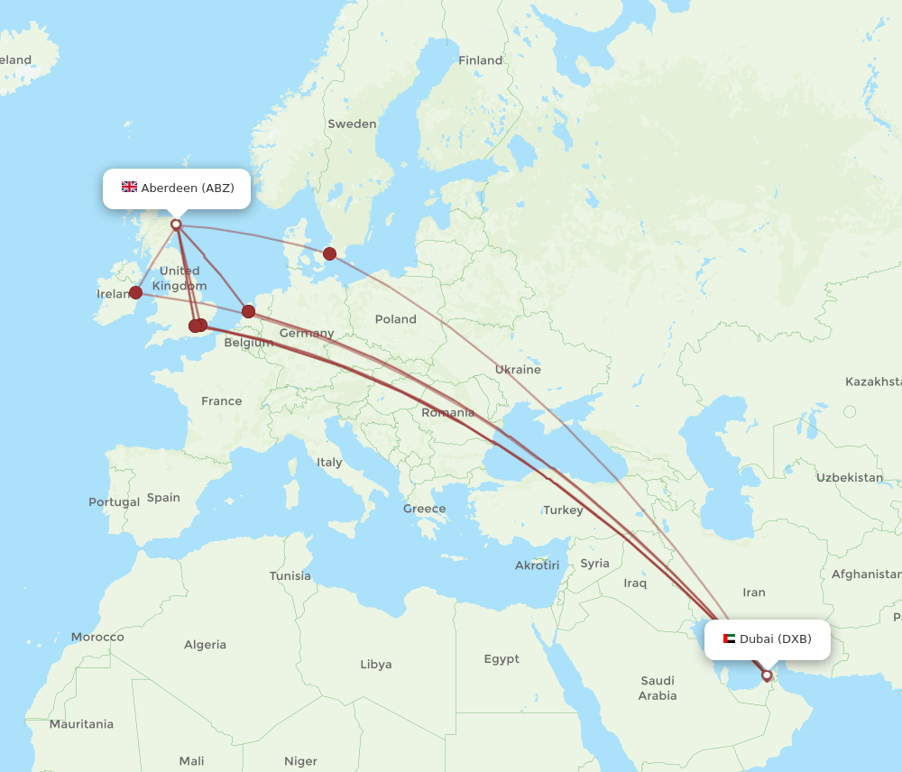 ABZ to DXB flights and routes map