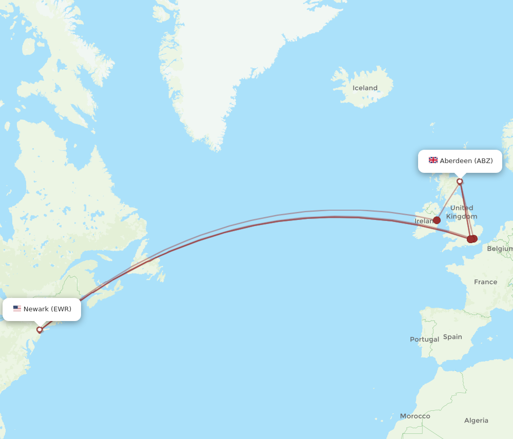 ABZ to EWR flights and routes map