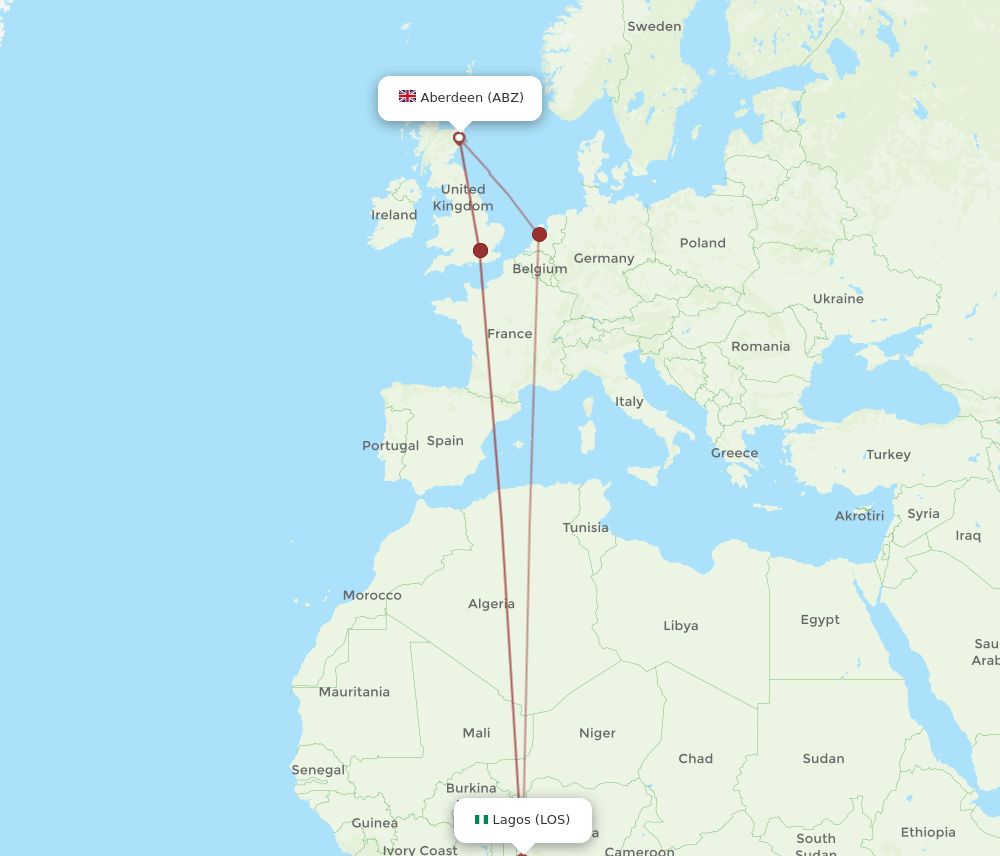 ABZ to LOS flights and routes map