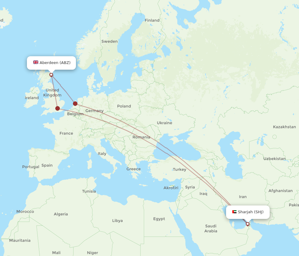 ABZ to SHJ flights and routes map