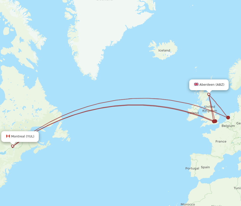 ABZ to YUL flights and routes map