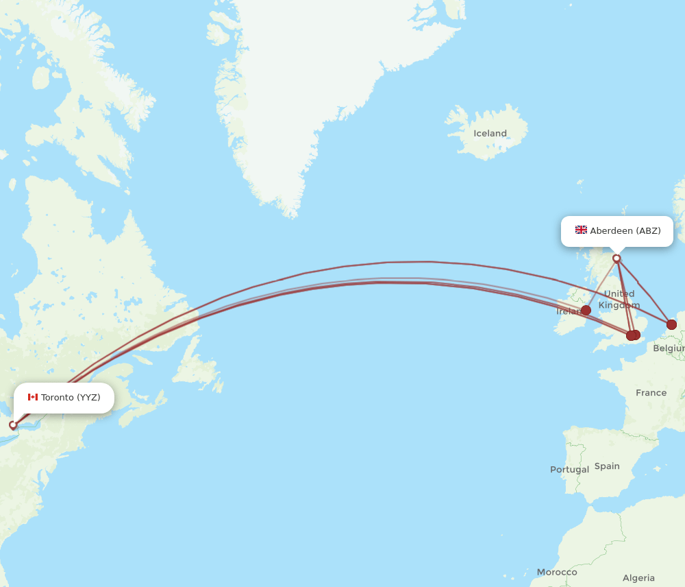 YYZ to ABZ flights and routes map