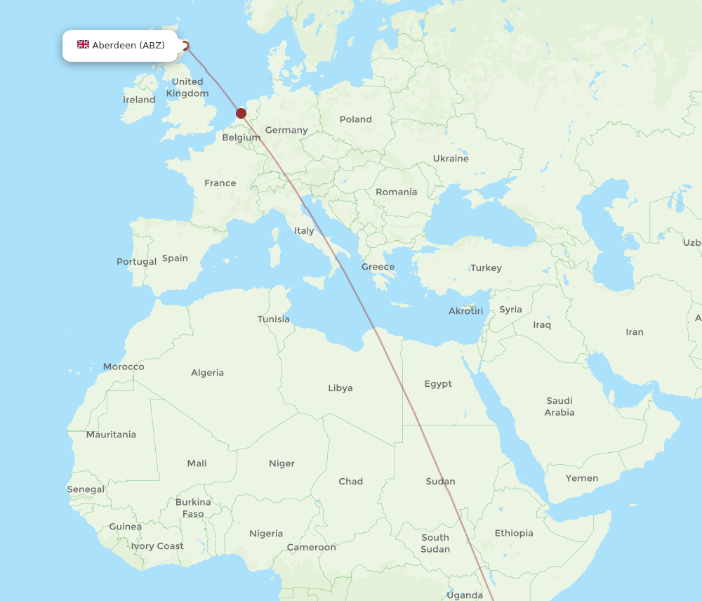 Zanzibar - Aberdeen route map and flight paths