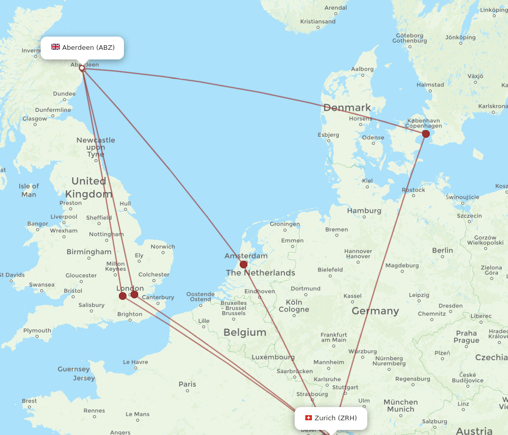 Zurich - Aberdeen route map and flight paths