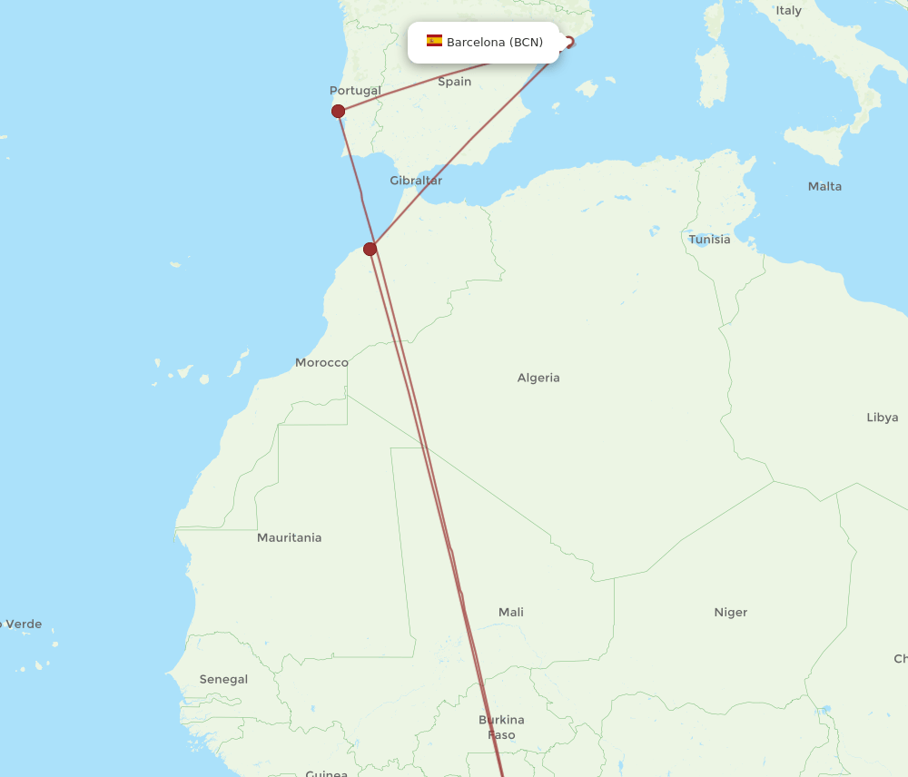 ACC to BCN flights and routes map