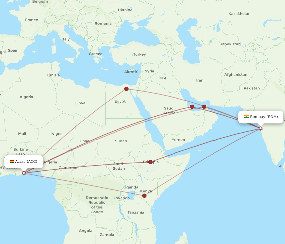 ACC to BOM flights and routes map