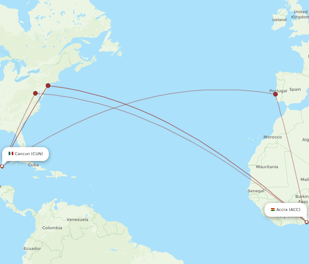ACC-CUN flight routes