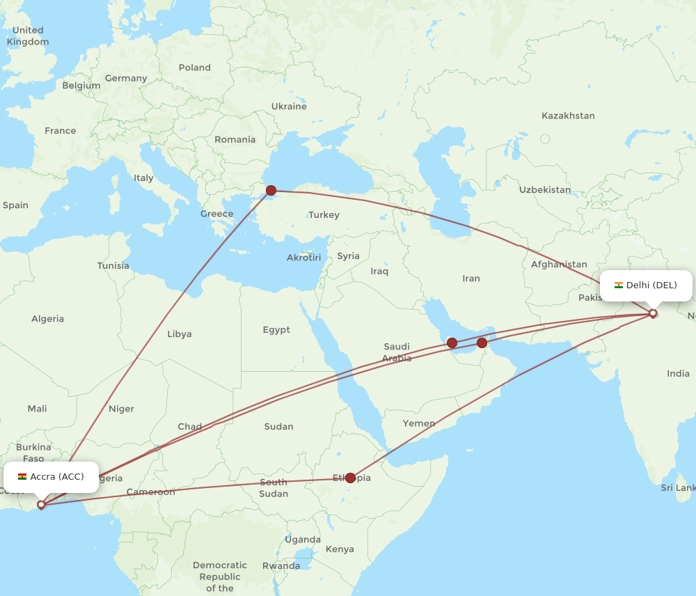 ACC-DEL flight routes