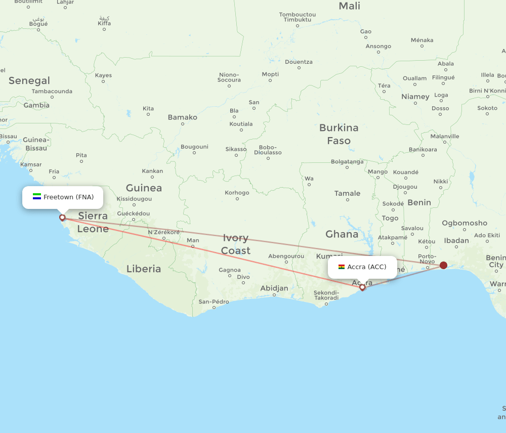 Freetown - Accra route map and flight paths