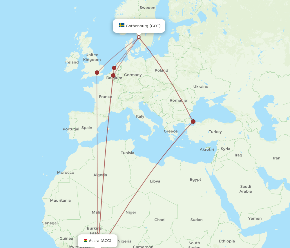 ACC to GOT flights and routes map