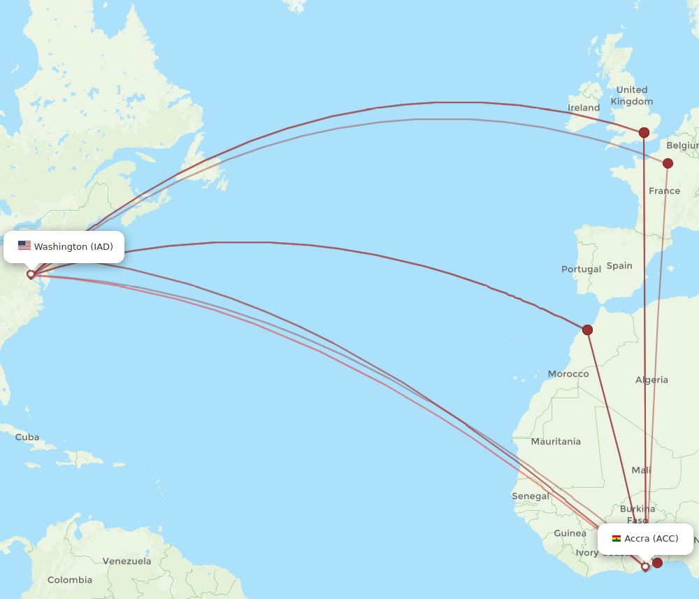 ACC to IAD flights and routes map