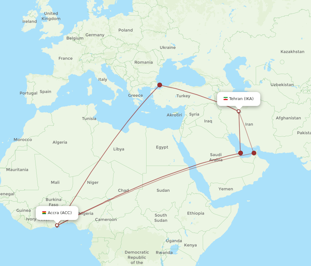 ACC to IKA flights and routes map
