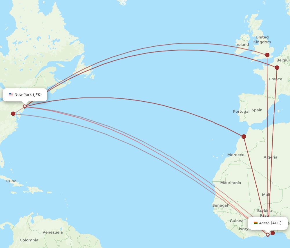 ACC to JFK flights and routes map