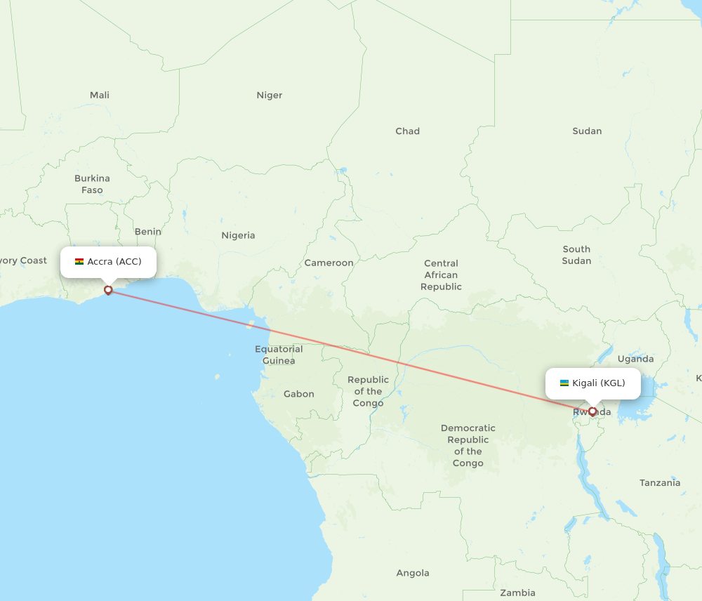 Accra - Kigali route map and flight paths