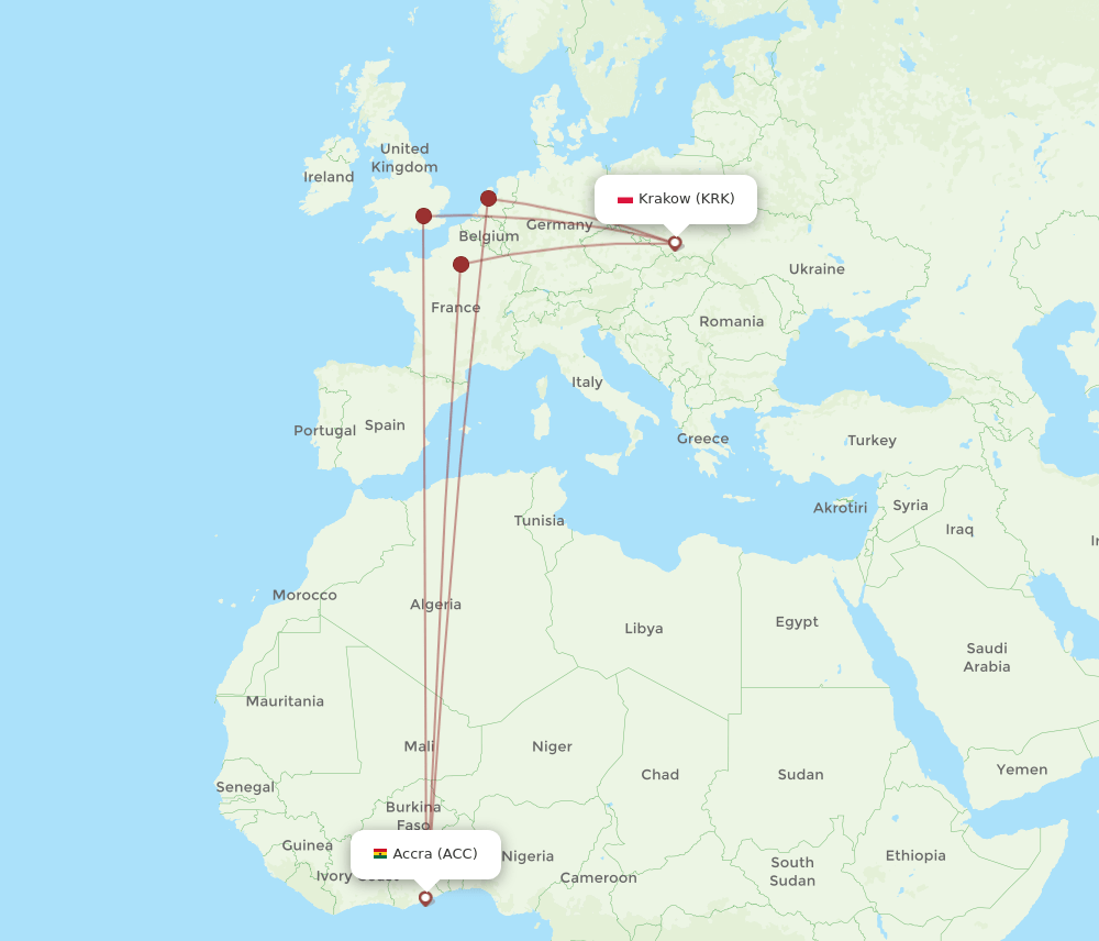 ACC to KRK flights and routes map