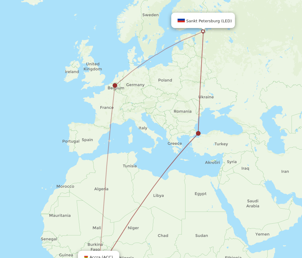 ACC to LED flights and routes map