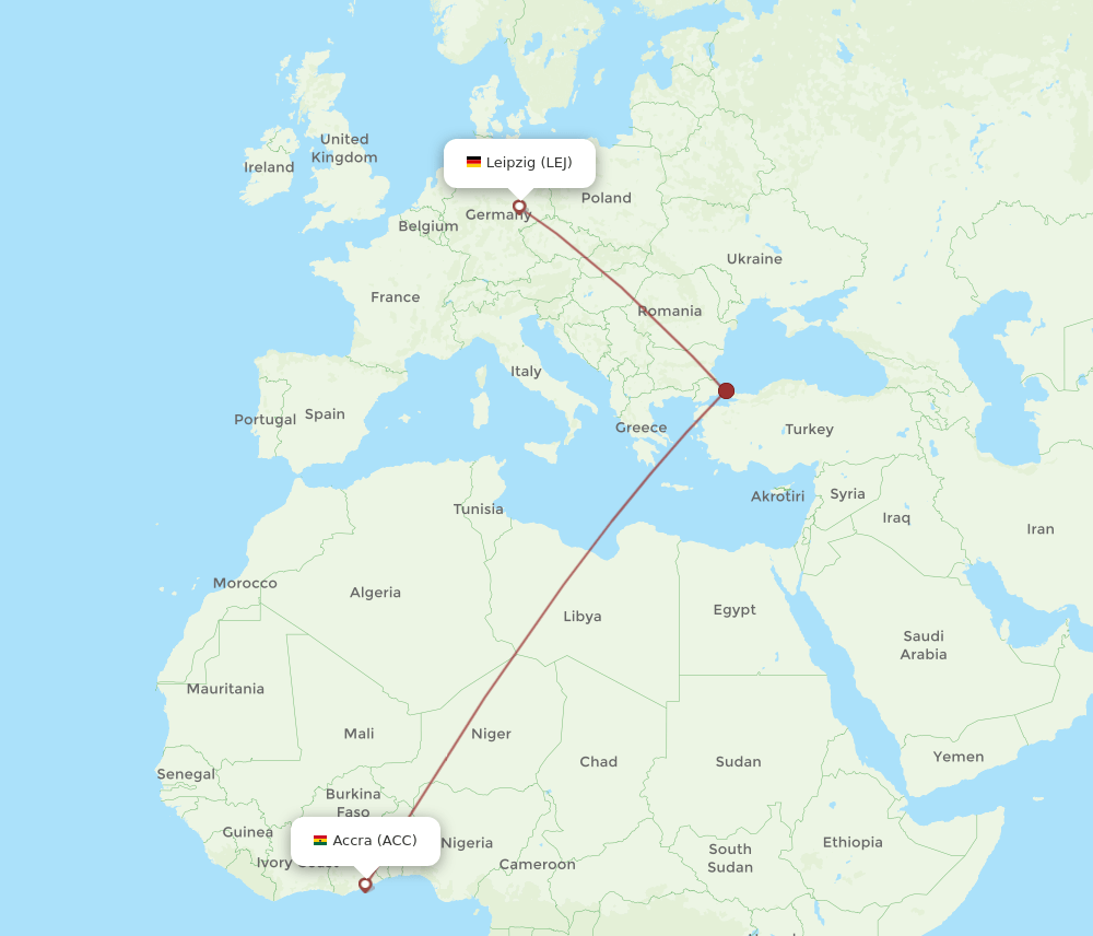 Leipzig/Halle - Accra route map and flight paths
