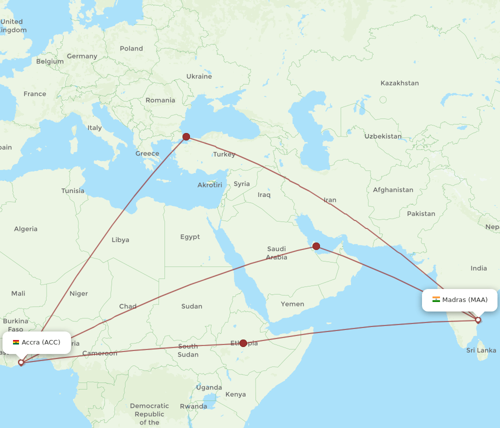 ACC to MAA flights and routes map