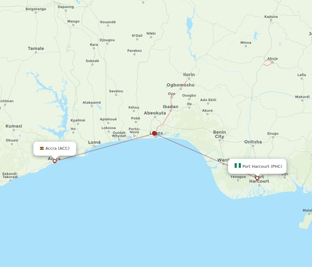 Port Harcourt - Accra route map and flight paths