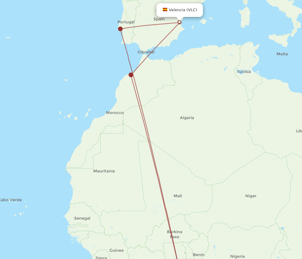 ACC to VLC flights and routes map