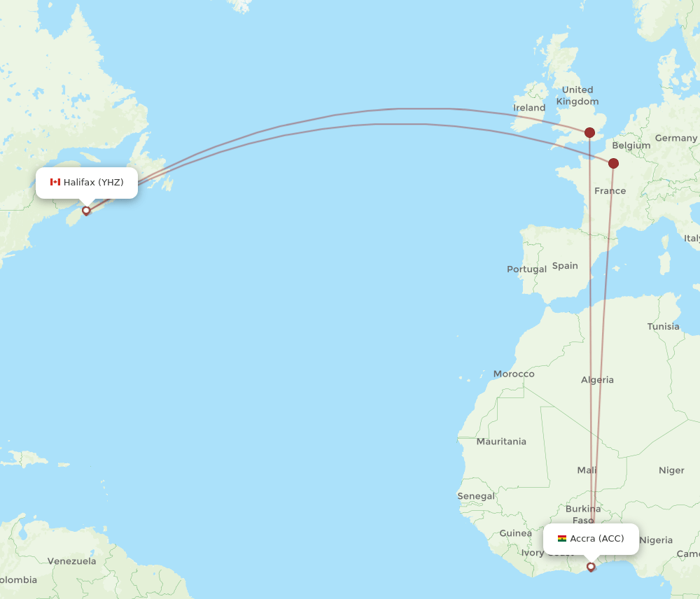Halifax - Accra route map and flight paths