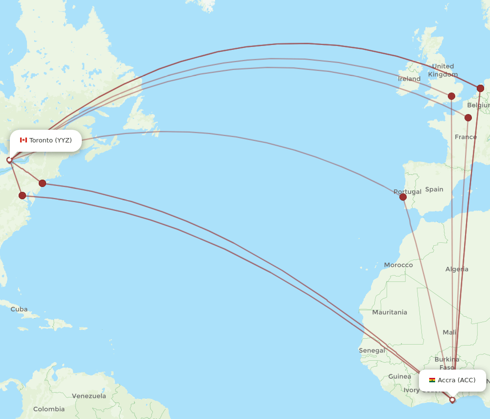 Toronto - Accra route map and flight paths