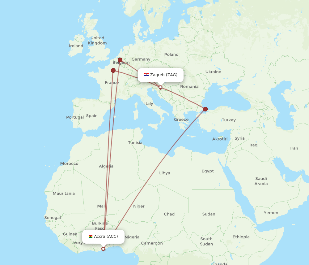 ACC to ZAG flights and routes map