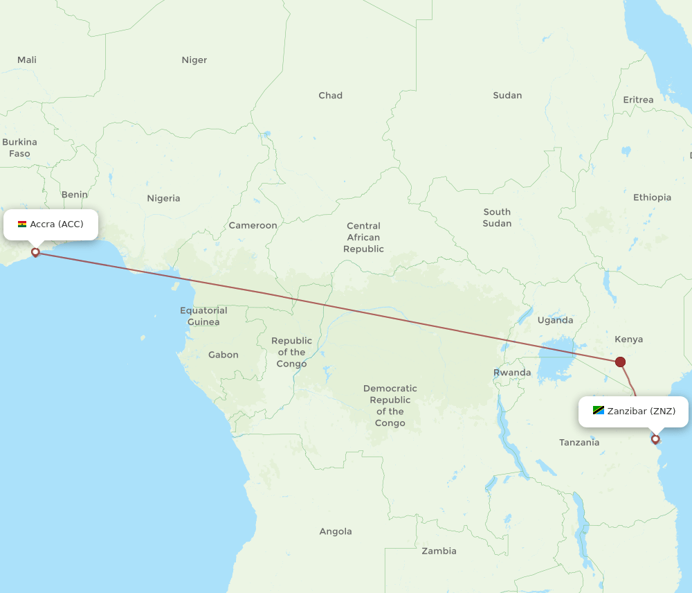 Zanzibar - Accra route map and flight paths
