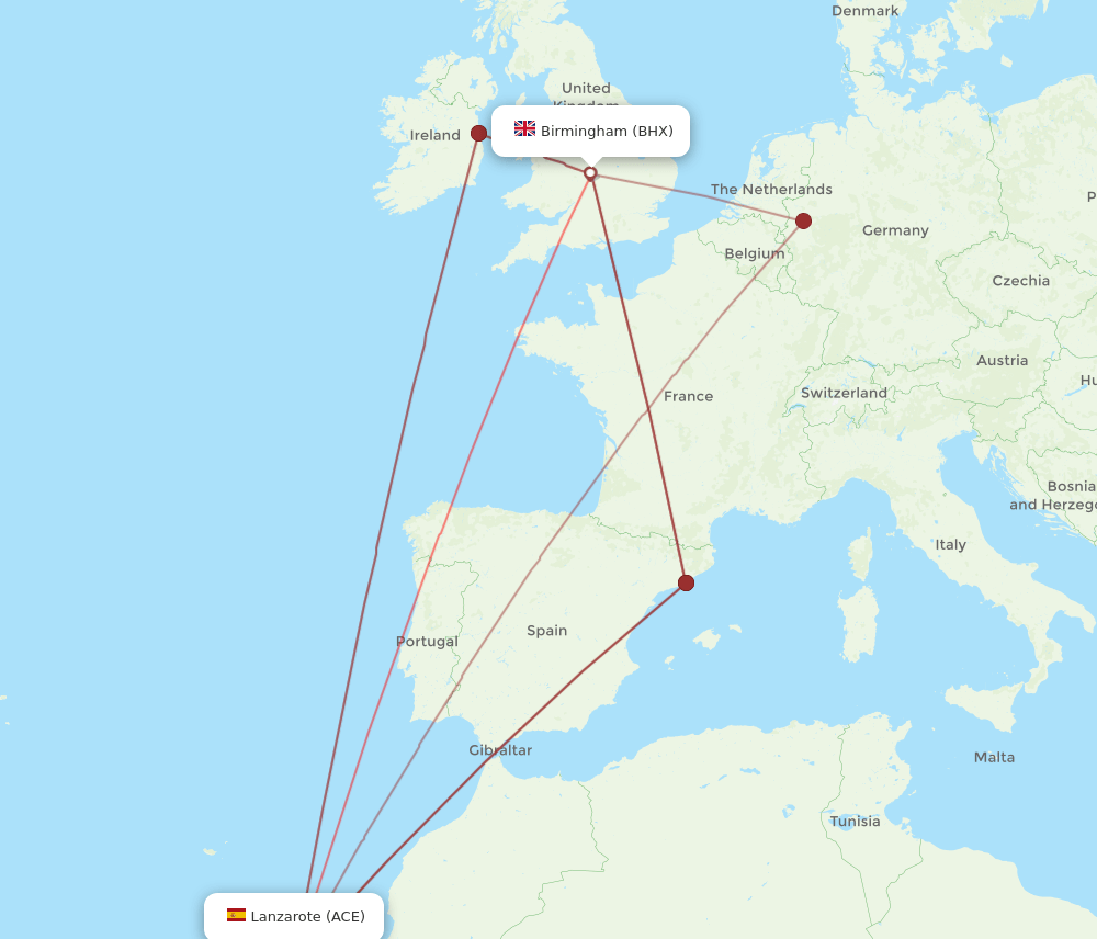 ACE to BHX flights and routes map