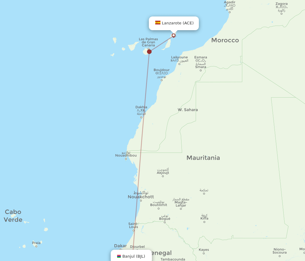 Lanzarote - Banjul route map and flight paths