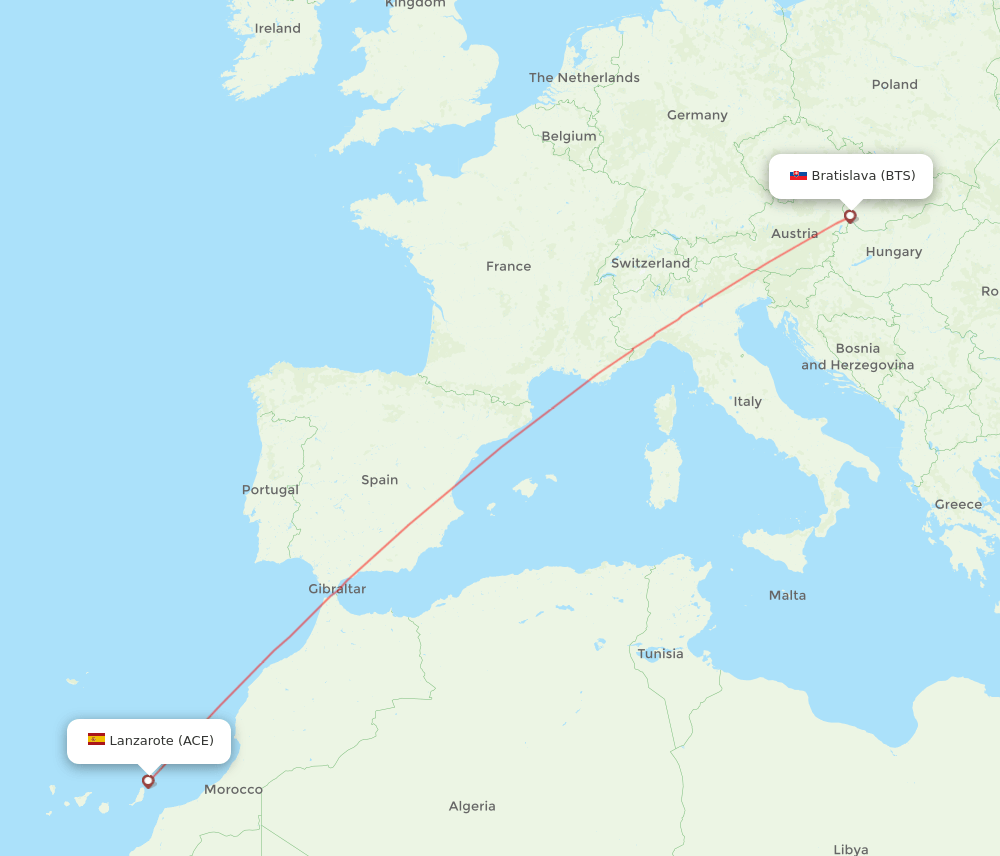 Lanzarote - Bratislava route map and flight paths