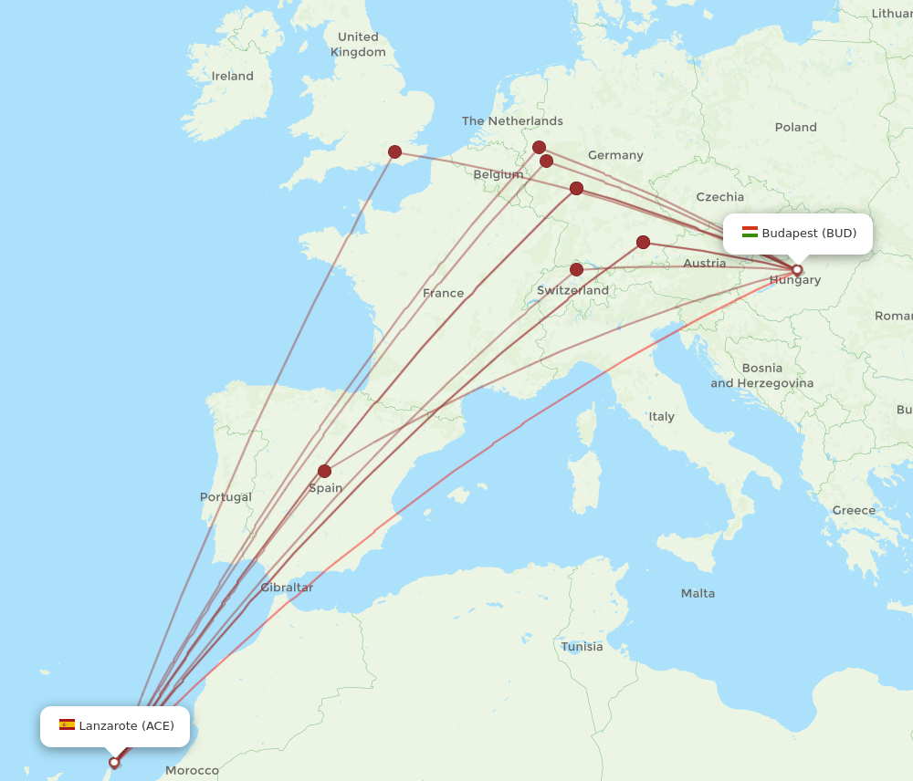 ACE to BUD flights and routes map