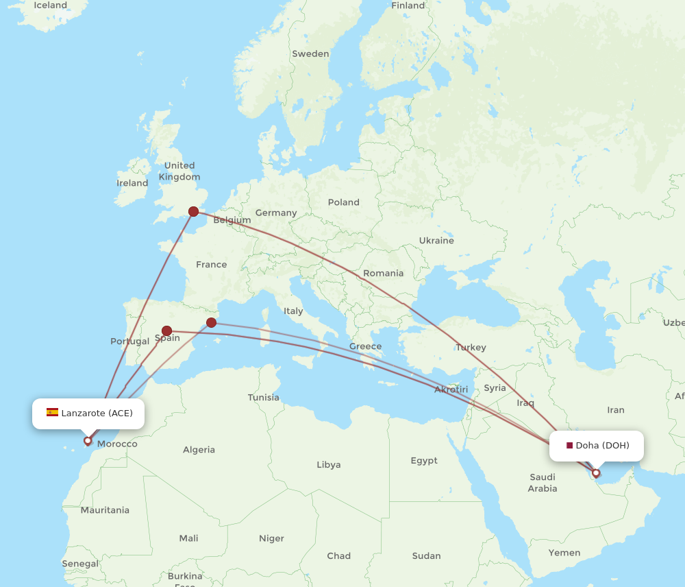 ACE to DOH flights and routes map