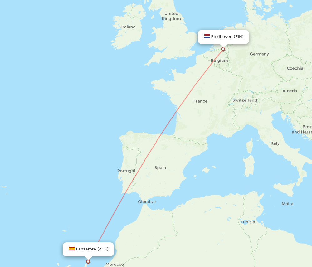 Lanzarote - Eindhoven route map and flight paths