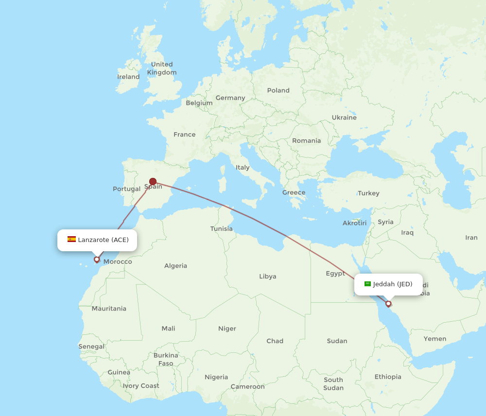 Jeddah - Lanzarote route map and flight paths
