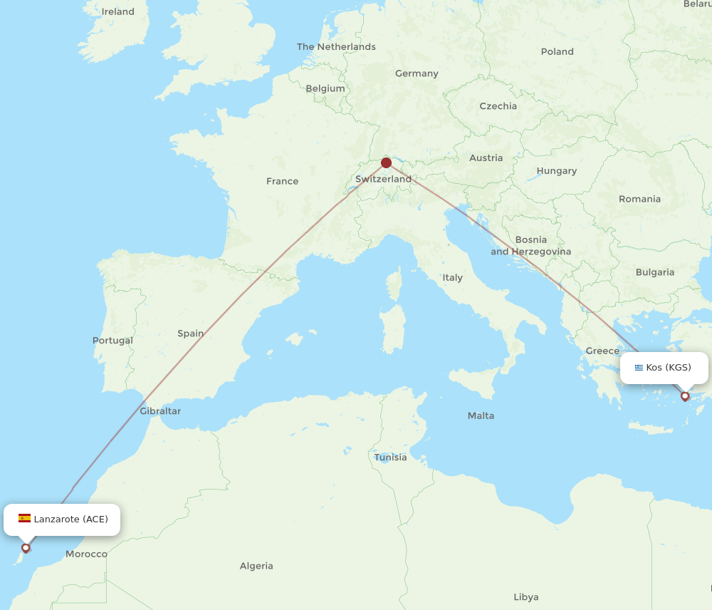 Kos - Lanzarote route map and flight paths