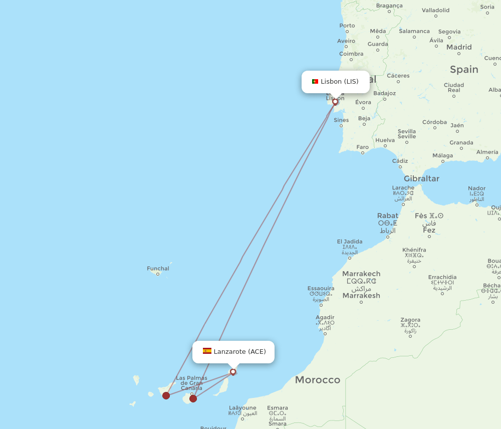 ACE to LIS flights and routes map