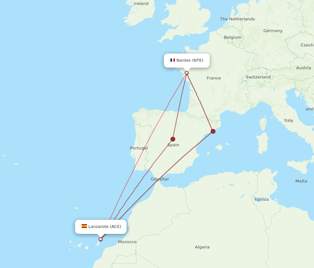 ACE to NTE flights and routes map