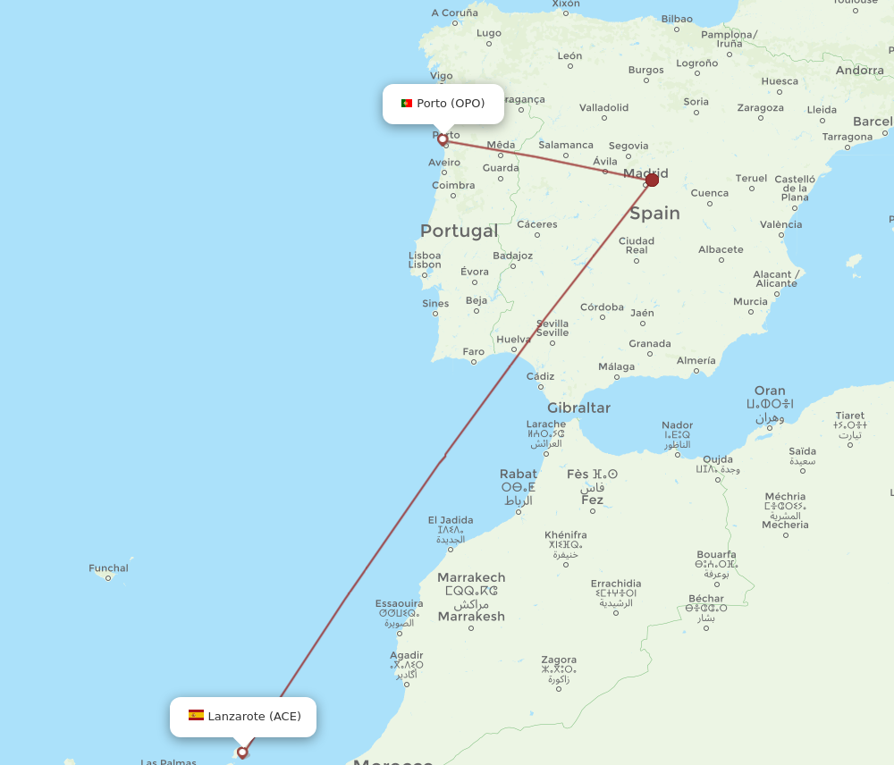 ACE to OPO flights and routes map